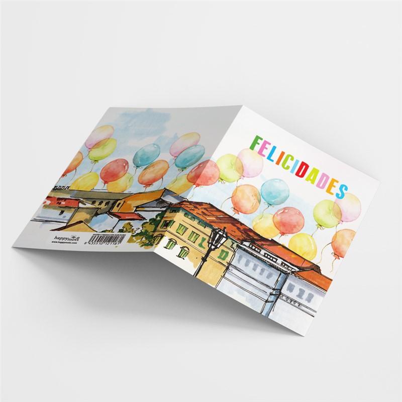 Postal: FELICIDADES (casas y globos)