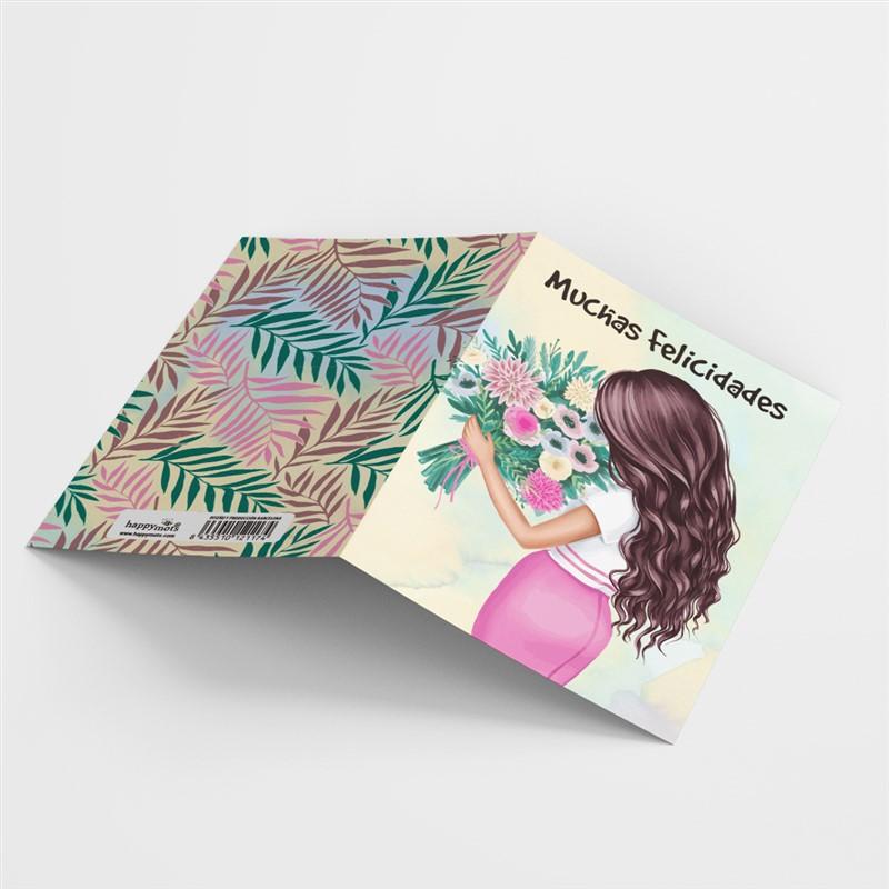 Postal: Muchas Felicidades (chica con ramo)