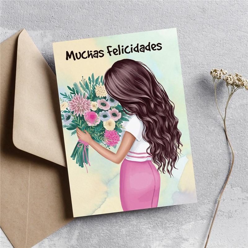 Postal: Muchas Felicidades (chica con ramo)
