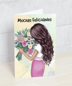 Postal: Muchas Felicidades (chica con ramo)