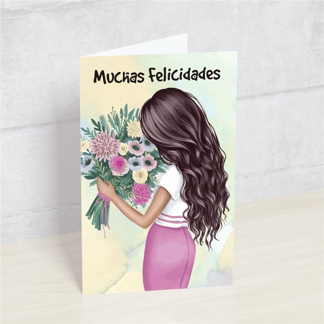 Postal: Muchas Felicidades (chica con ramo)