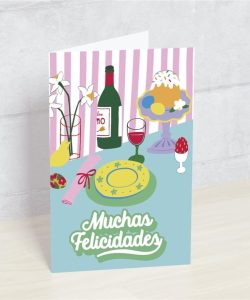 Postal: Muchas Felicidades (dibujo mesa puesta)