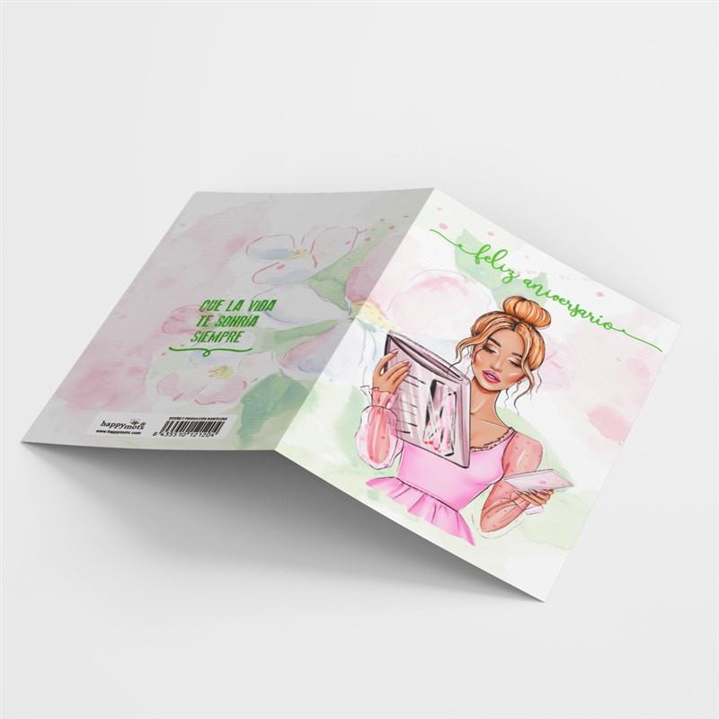 Postal: Feliz Aniversario (chica con dossier"