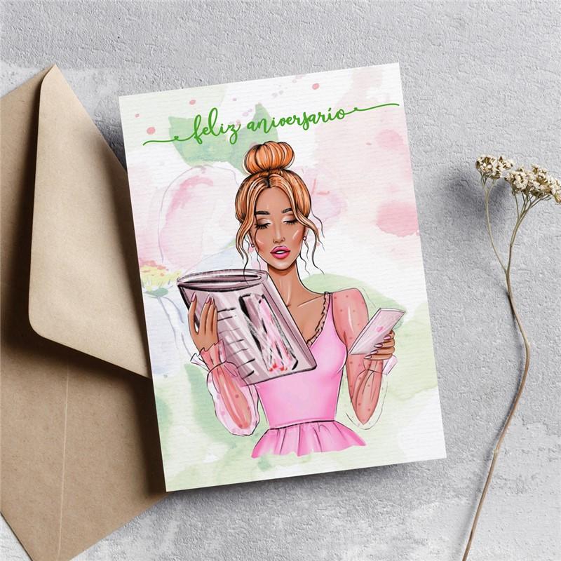 Postal: Feliz Aniversario (chica con dossier"