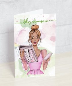 Postal: Feliz Aniversario (chica con dossier